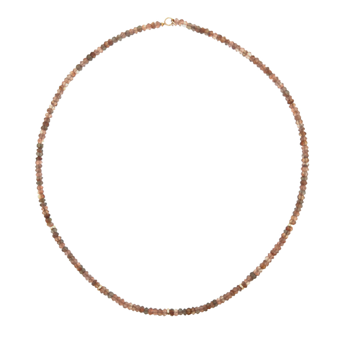 A close up of an Andalusite & Gold Bead Necklace on a white background. 