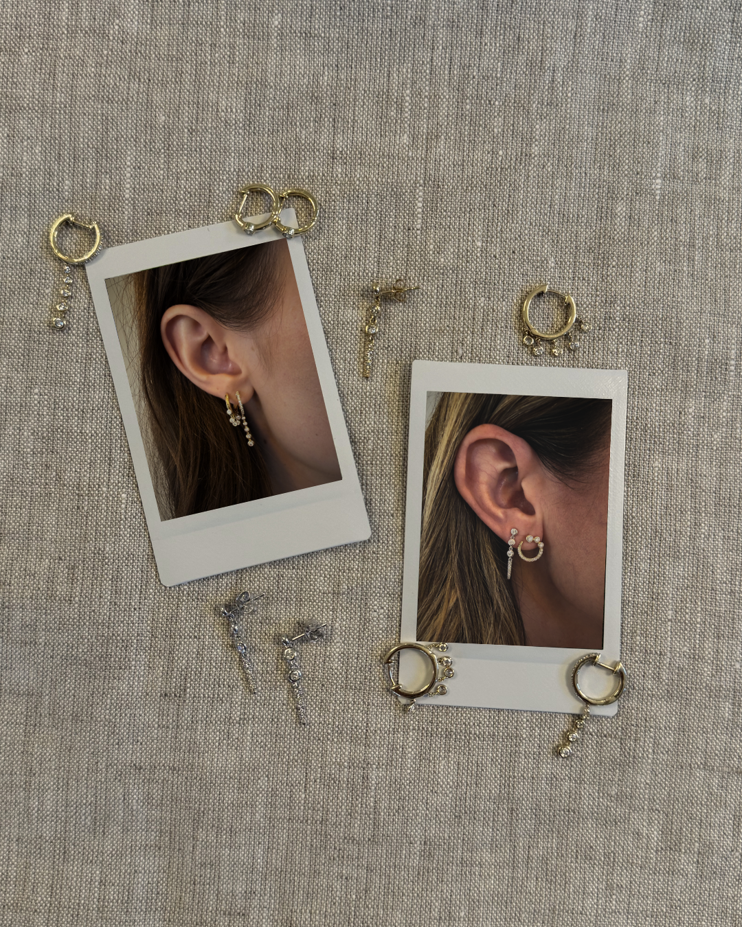 Earrings displayed on a textured surface with small photo frames showing close-ups of earrings worn.