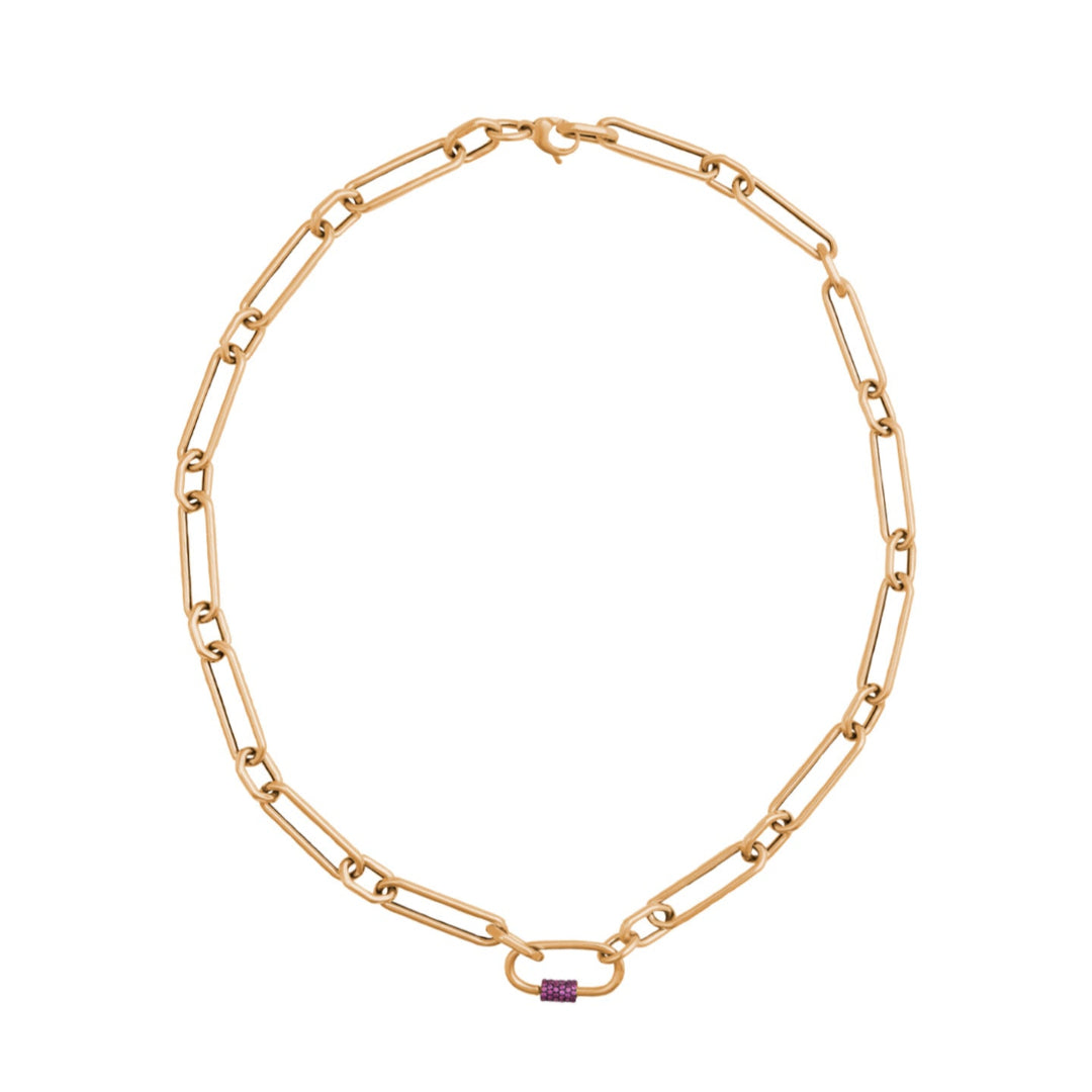 A gold necklace with a gold carabiner featuring a pink sapphire lock as the closure. 