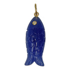 Blue calcedony fish-shaped pendant with 14k gold and diamond accents on a white background.