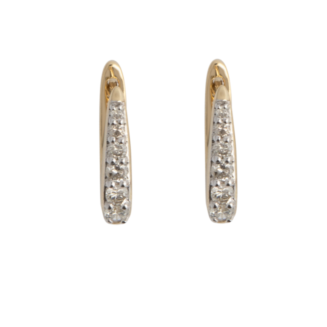 A pair of 14k gold Claw Diamond Huggie Earrings with a V-shaped design and diamond embellishments.