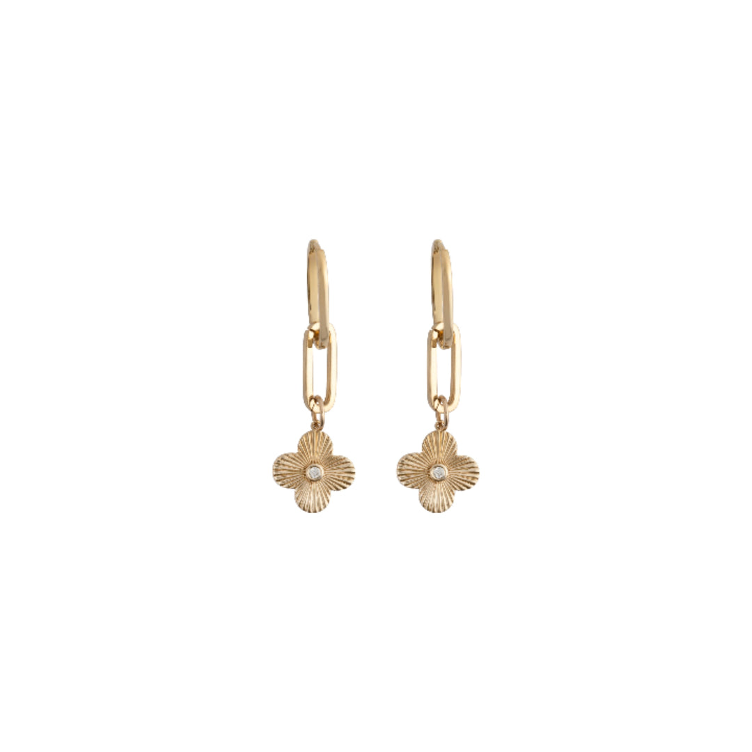 Two clover rays pendants attached to gold hoops on a white background. 