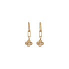 Two clover rays pendants attached to gold hoops on a white background. 