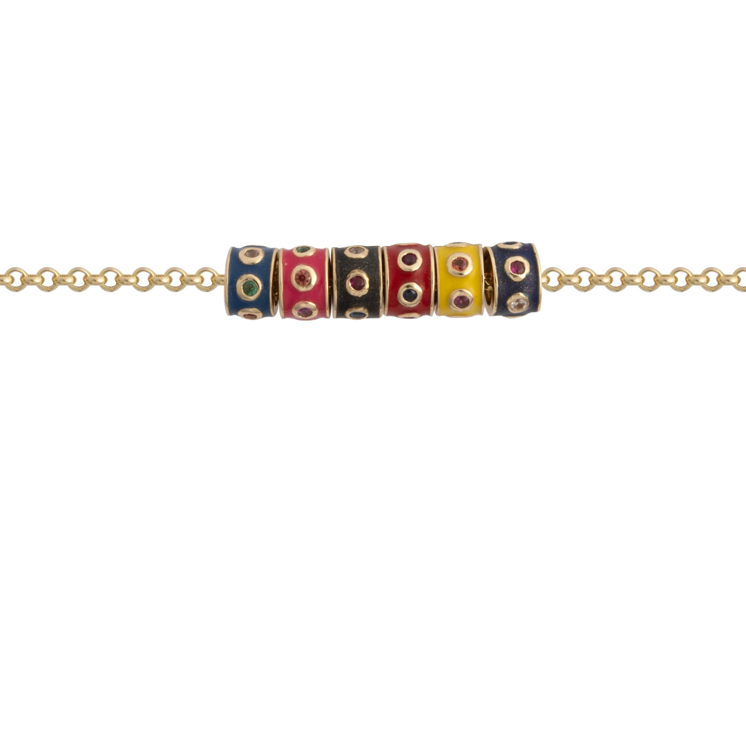 A colored enamel roundel bead necklace with a gold chain, featuring various colors including blue, red, yellow, pink, and black.