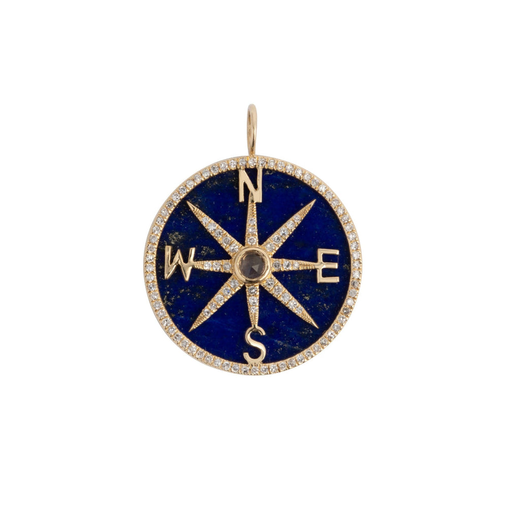 A blue lapis and diamond pendant set in 14k gold on a white background.