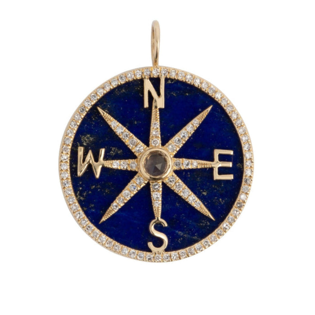 A blue lapis and diamond pendant set in 14k gold on a white background.