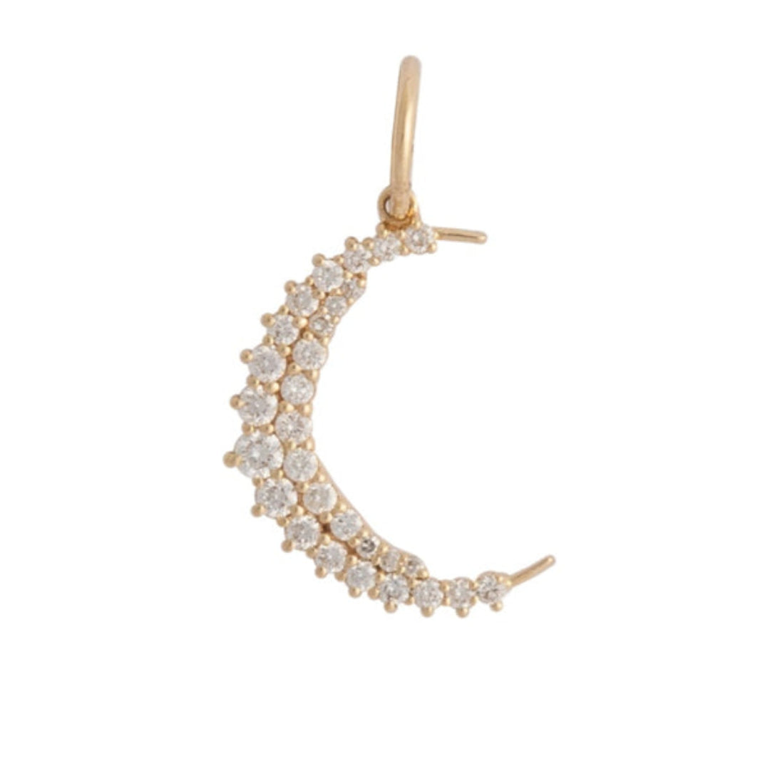 Gold crescent moon-shaped pendant with pavé diamond stones on a white background