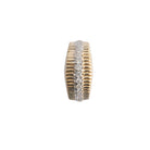 A curved edge diamond roundel bead made of 14k gold with a pattern of inset and prominent diamonds creating a roundel design.