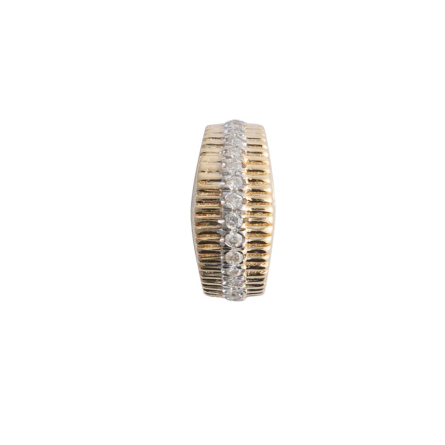 A curved edge diamond roundel bead made of 14k gold with a pattern of inset and prominent diamonds creating a roundel design.