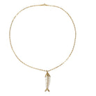 A 14k gold necklace with a fish pendant on a white background.