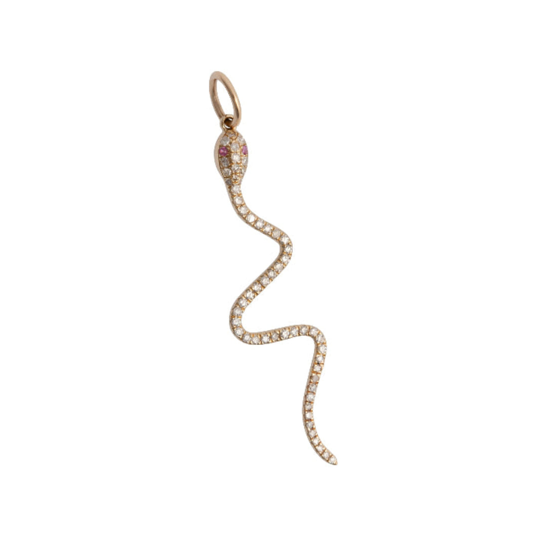 Gold snake-shaped pendant with diamonds and pink sapphire eyes on a white background