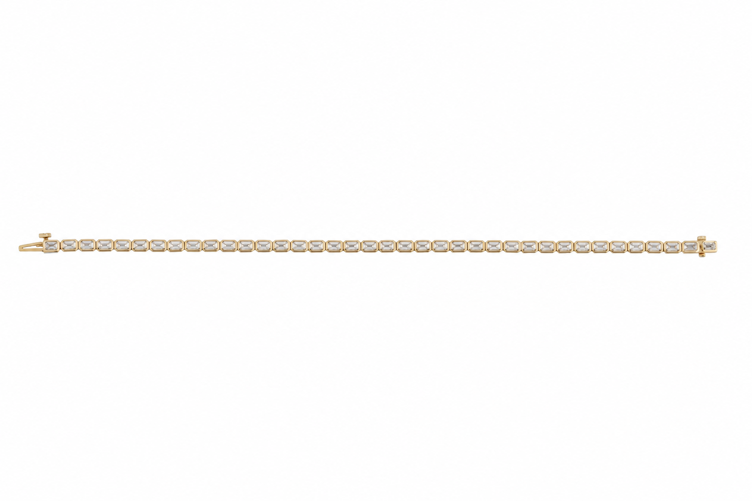 A tennis bracelet with East-West emerald cut lab-grown diamonds set in 14k gold.