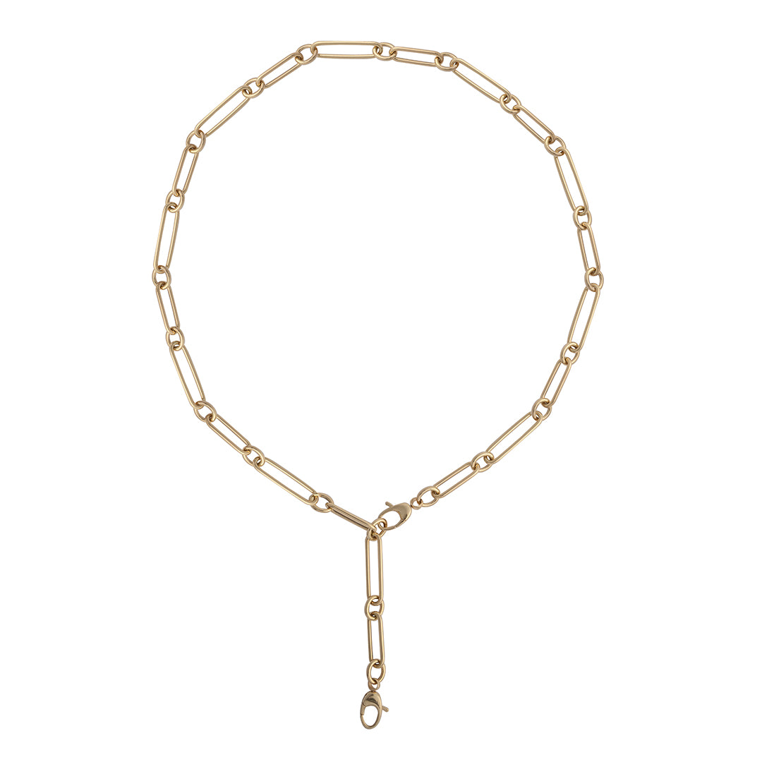 A gold-colored elongated link chain necklace with double clasps on a white background.