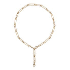 A gold-colored elongated link chain necklace with double clasps on a white background.