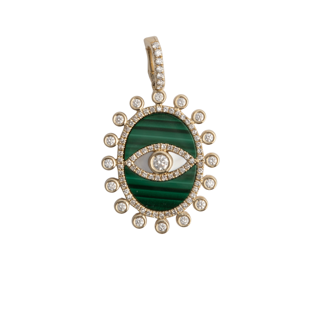 A 14k gold pendant featuring a green and white malachite and mother of pearl combination with embedded diamonds.