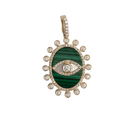 A 14k gold pendant featuring a green and white malachite and mother of pearl combination with embedded diamonds.