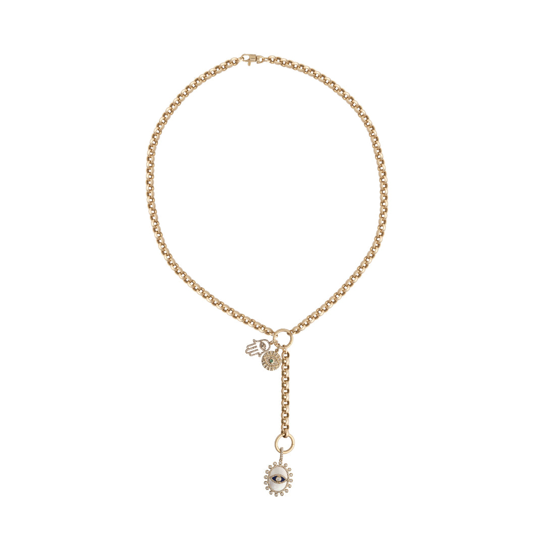 A 14k gold rolo lariat necklace with a 14k gold Hamsa diamond mini pendant and a larger mother of pearl and diamond evil-eye pendant on a white backgroud. 