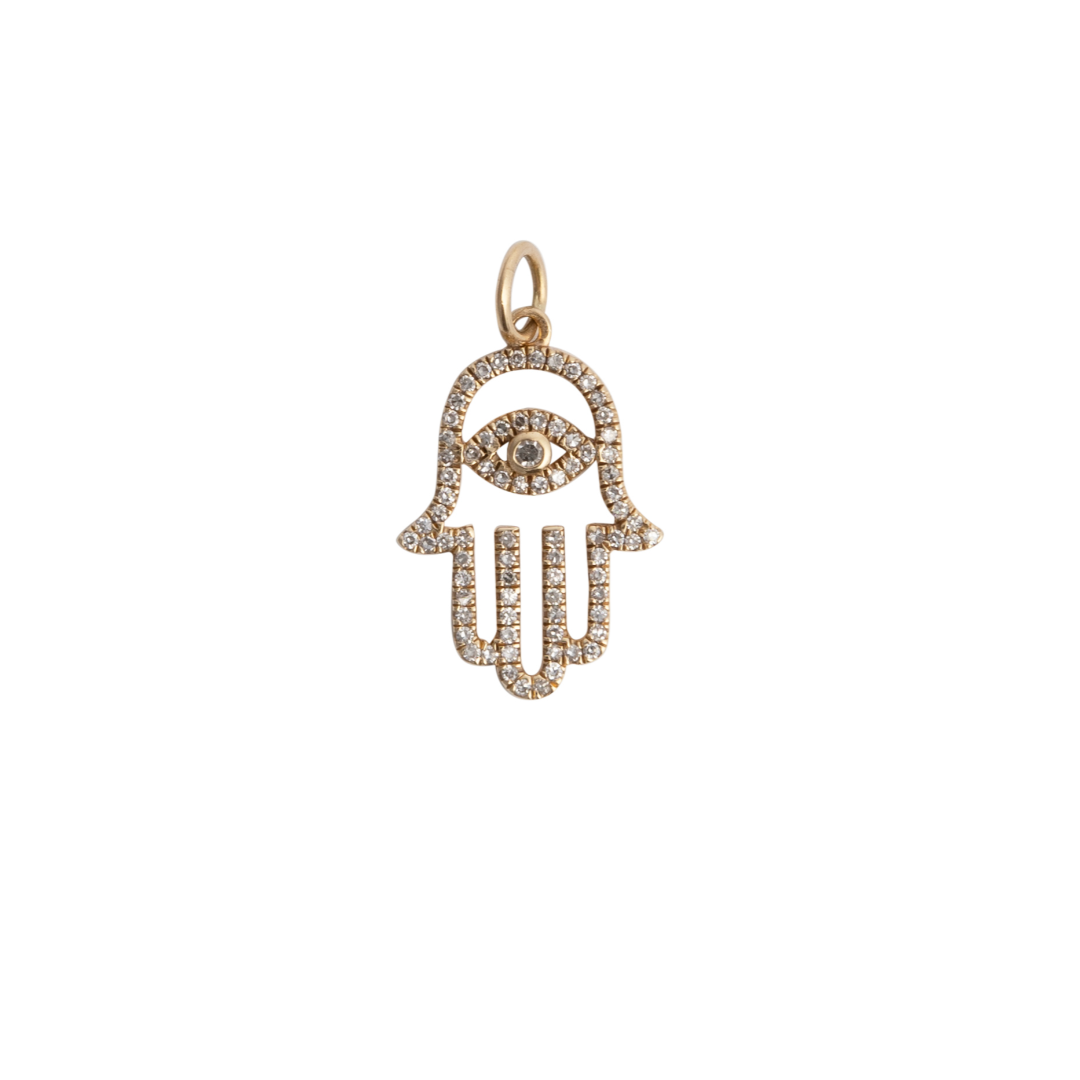 A 14k gold Hamsa diamond mini pendant with intricate design, suitable for necklaces or bracelets.