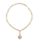 A 14k gold hexagon link chunky chain necklace with a diamond link design with a gold LOVE pendant laid out on a white background.