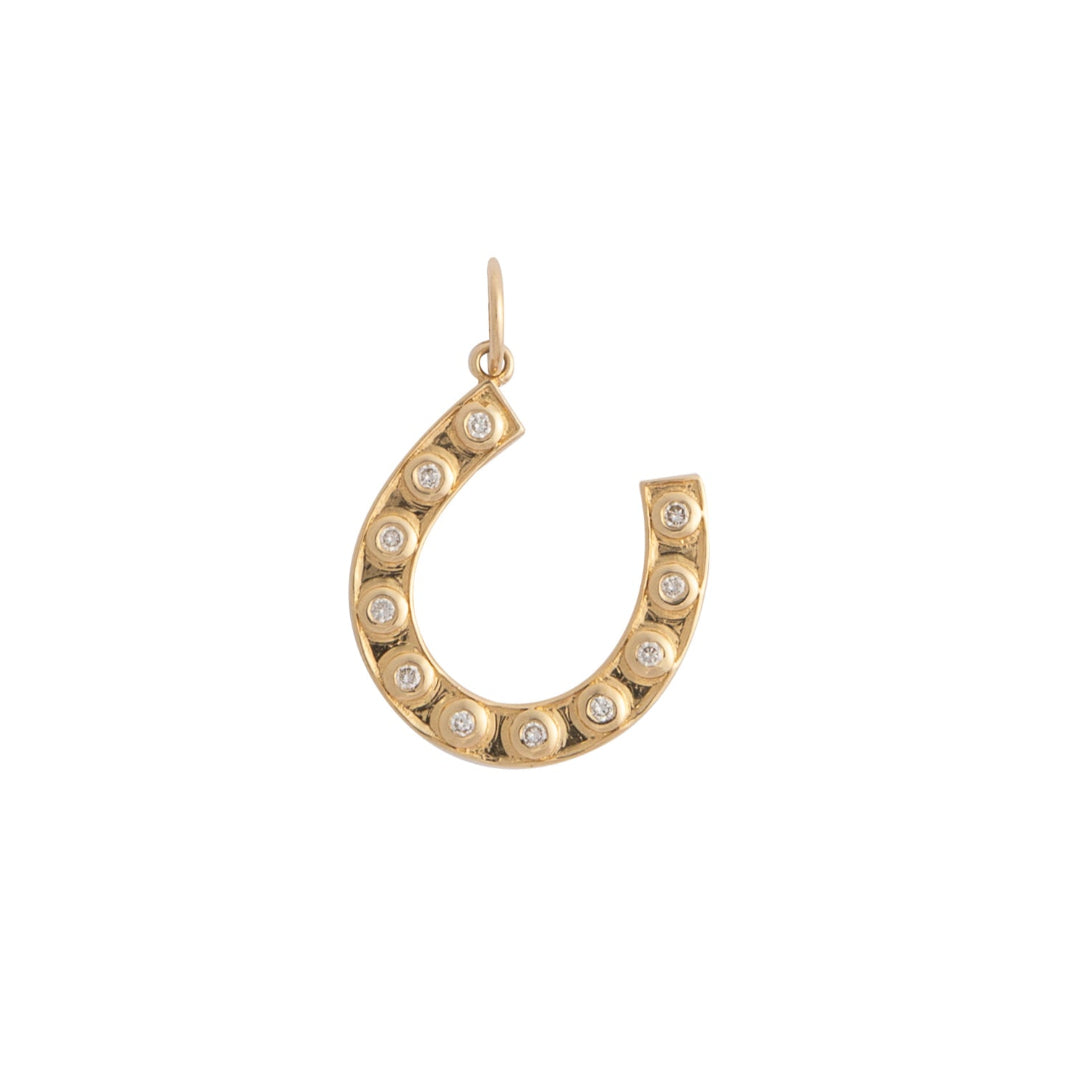 A horseshoe pendant with diamonds on a white background.