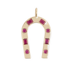 A 14k gold horseshoe-shaped pendant featuring .52 carats of red ruby stones.