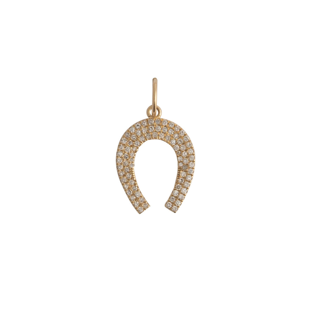 Gold horseshoe-shaped pendant on a white background