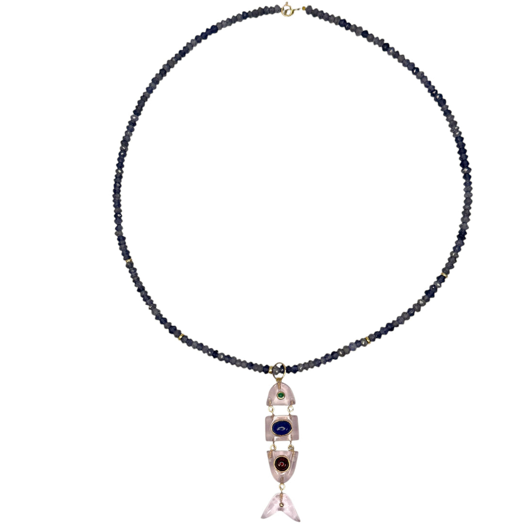 Iolite beaded necklace rose quartz fish pendant on a white background.