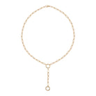 A 14k gold lariat paperclip chain necklace with a y-drop design and two rings for attaching pendants.