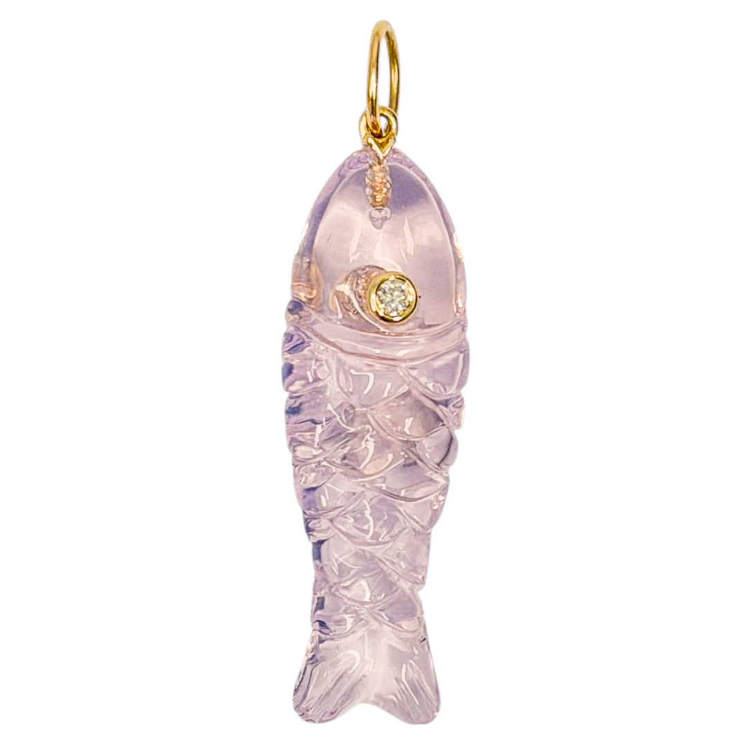 Light pnk fish-shaped pendant with a diamond eye and 14k gold accents on a white background.