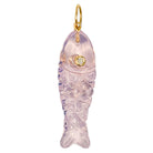 Light pnk fish-shaped pendant with a diamond eye and 14k gold accents on a white background.