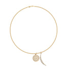 A 14k gold mini rolo chain with two gold and white enamel charms on it. 