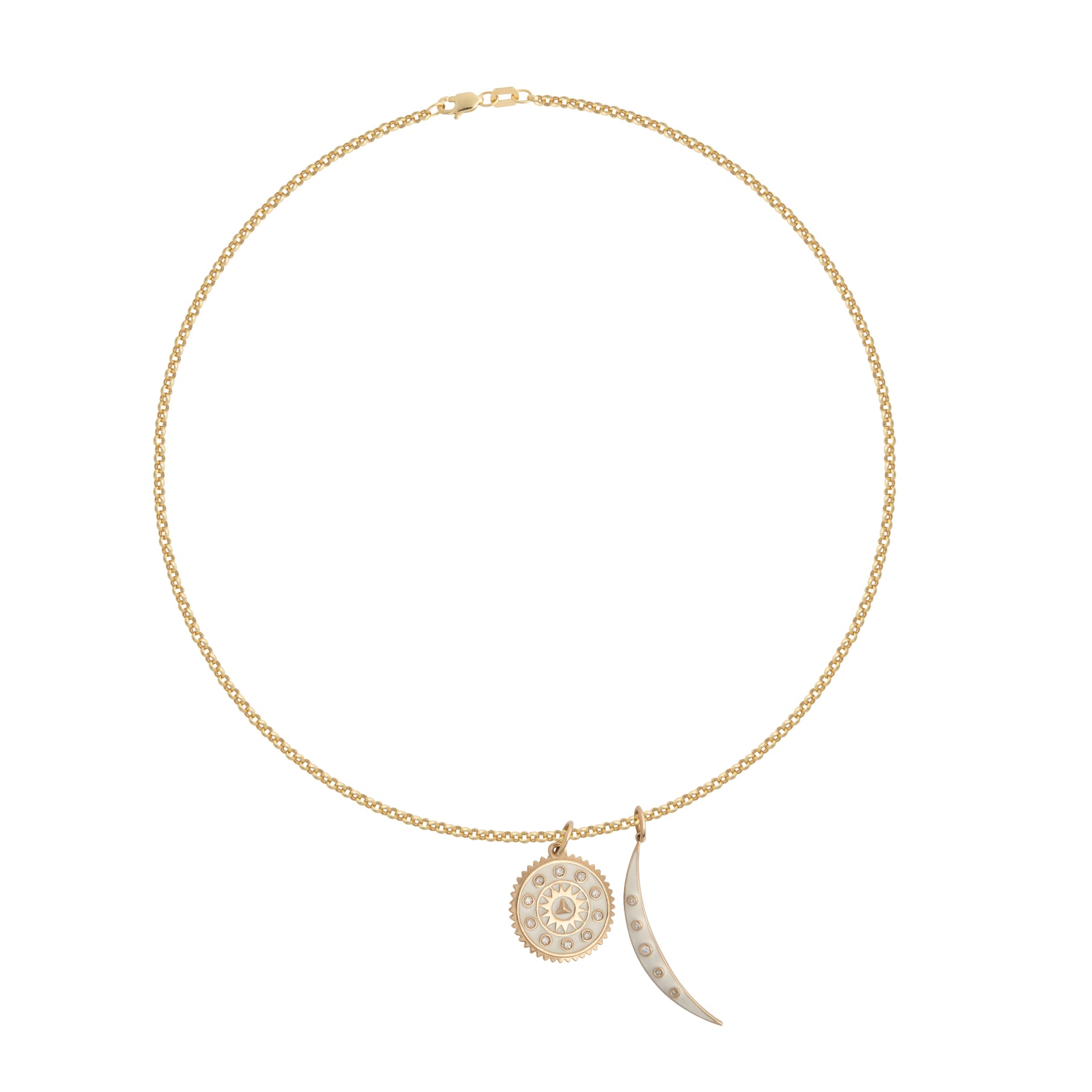 A 14k gold mini rolo chain with two gold and white enamel charms on it. 