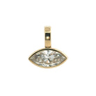 A marquise shaped la-grown diamond pendant bezel set in 14k gold, on a white background. 