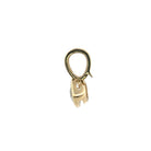 The side view of a 14k gold pendant, showcasing a clip bail. On a white background. 