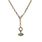 A 14k gold marquise shaped link chain styled as a lariat with a diamond pendant on a white background. 