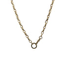 A 14k gold marquise link chain styled as a traditional necklace on a white background. 