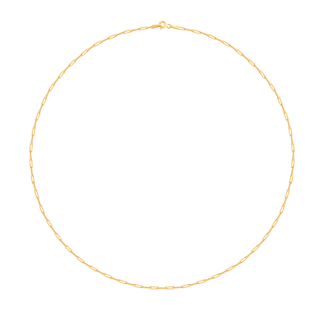 A 14k gold mini paperclip chain on a white background.