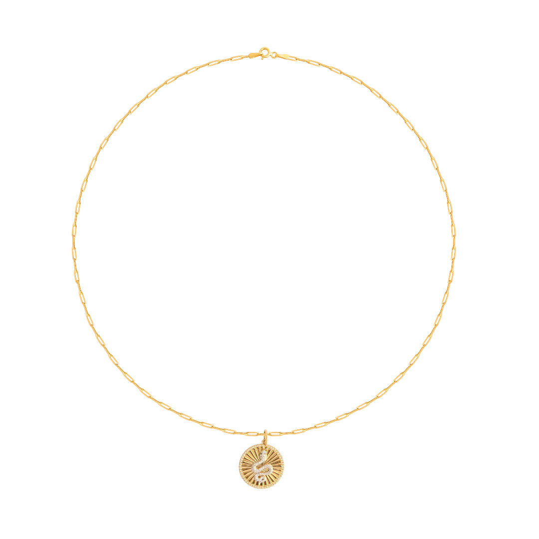 Gold necklace with a circular pendant on a white background