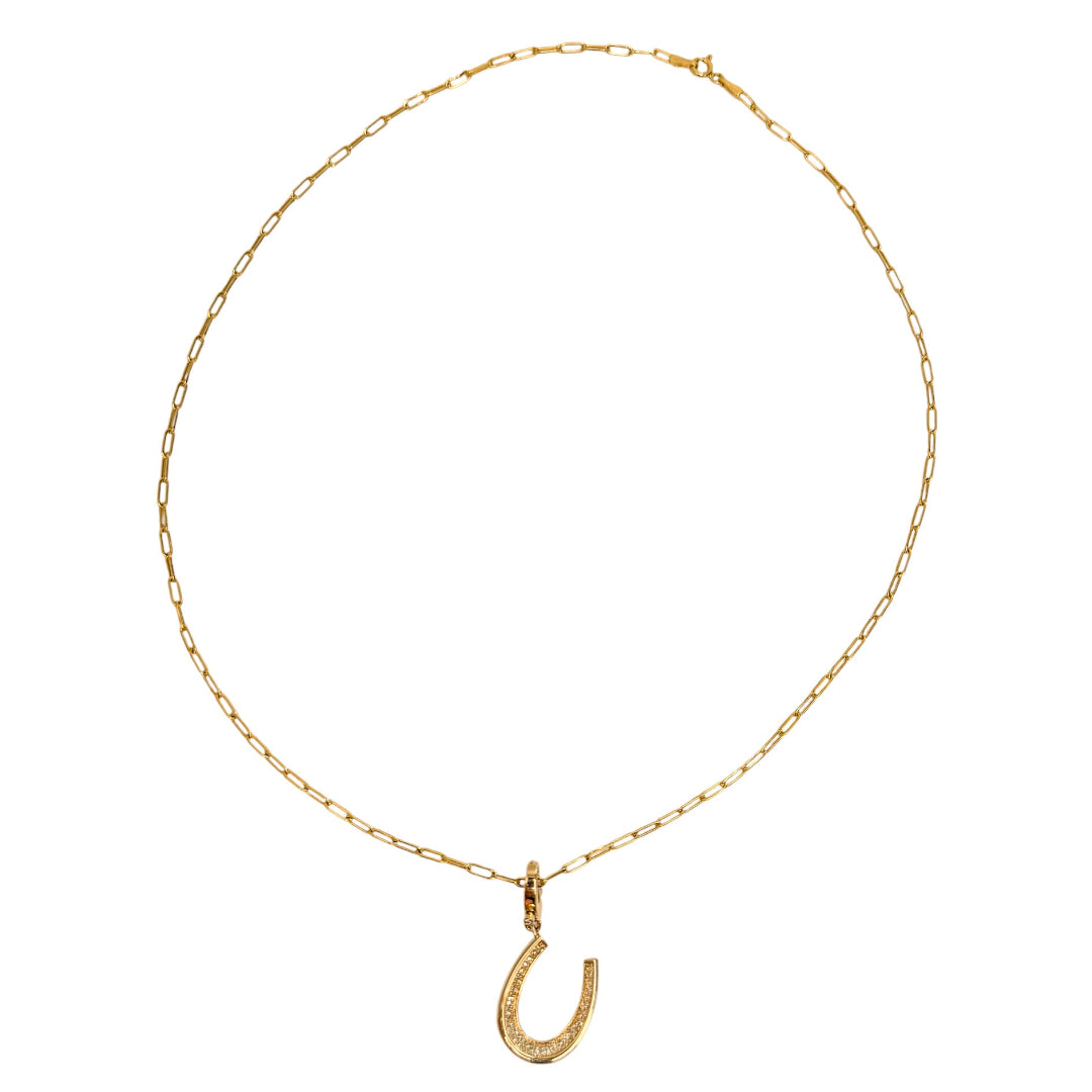 A 14k gold necklace with a horseshoe pendant on a white background.