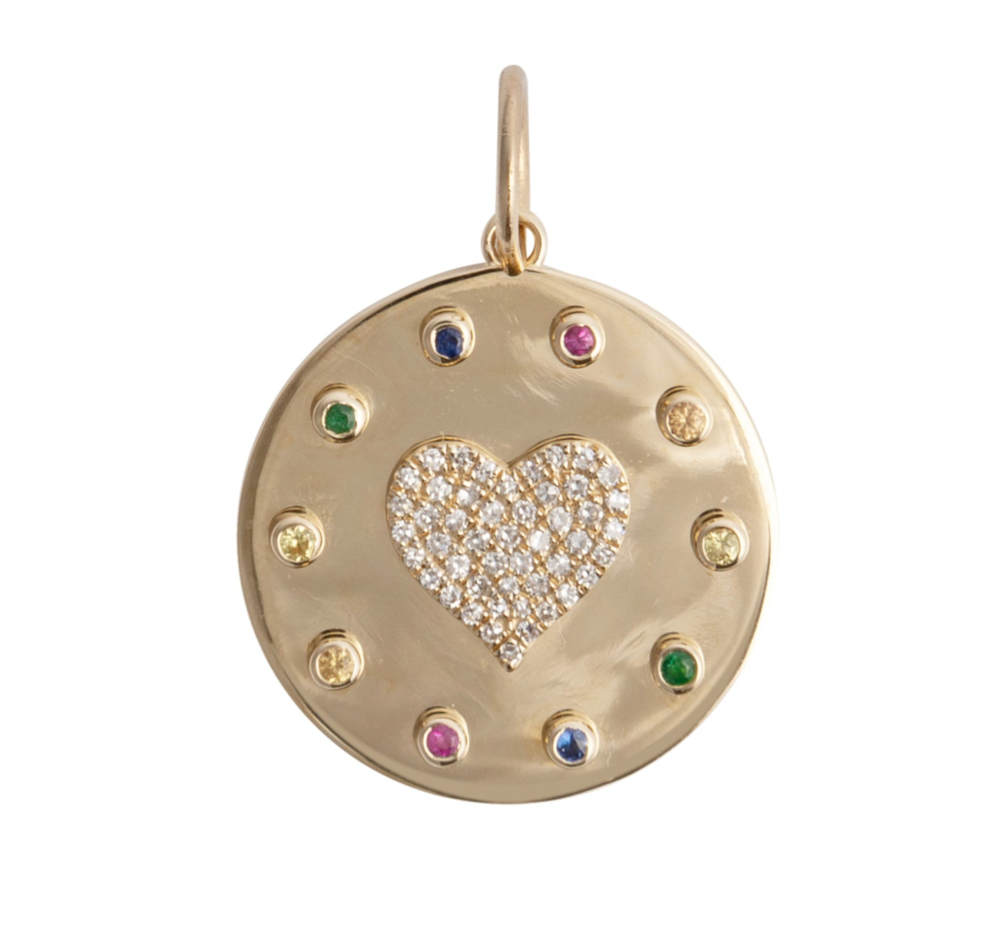 A gold pendant featuring a heart shape with diamond paving and multicolored sapphire accents around the edge.
