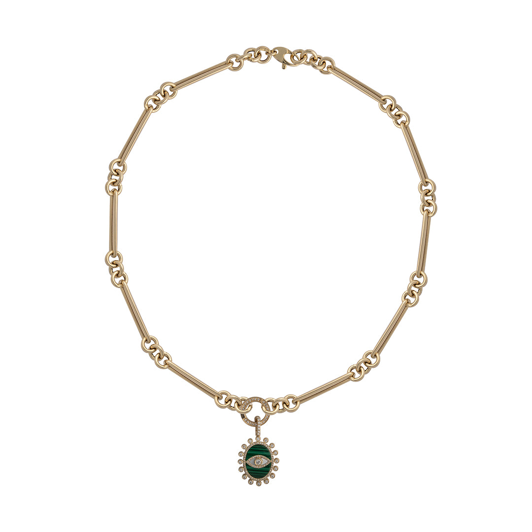 A 14k gold necklace with a double-sided diamond enhancer, featuring oval and round link chains with a malachite pendant attached. 