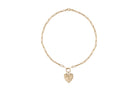 A gold paperclip chain with a round pendant bail and a beveled-edge heart pendant.