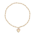 A gold paperclip chain with a heart pendant with a boarder of multi-colored sapphires.