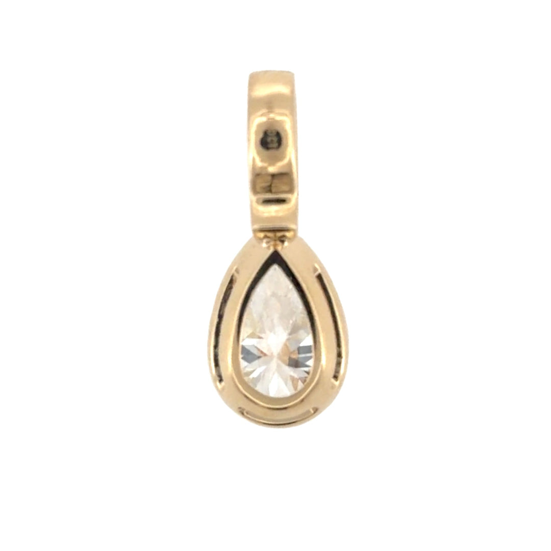The back of a 14k bezel set pendant with a pear-shaped lab-grown diamond. 