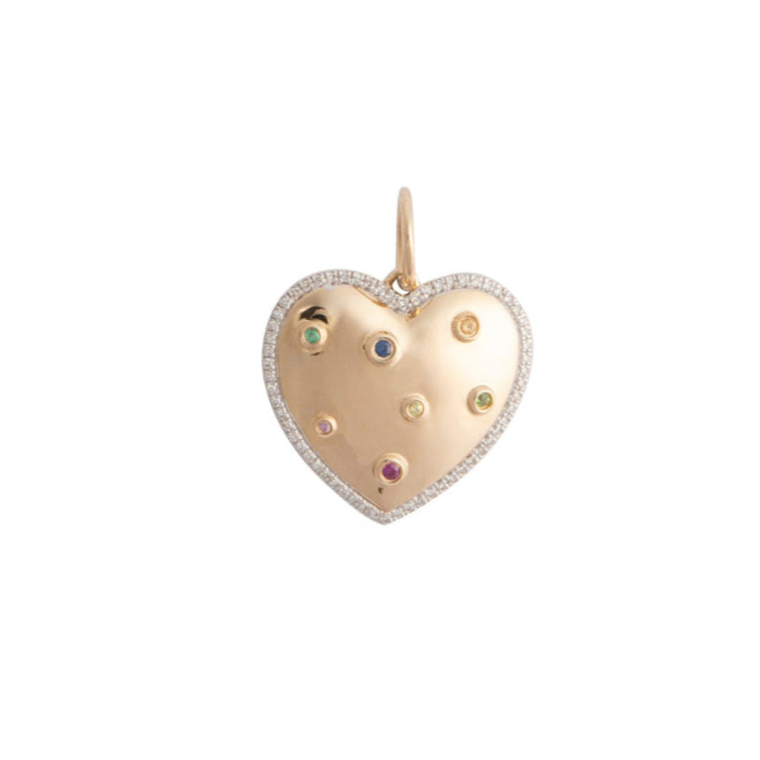 Gold heart-shaped pendant with embedded gemstones on a white background