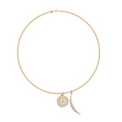 A white background featuring a thin gold rolo chain with two white enamel pendants. 