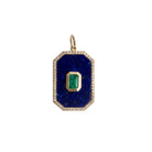 A rectangular lapis and emerald pendant with a gold rim and encrusted with diamonds on a white background.