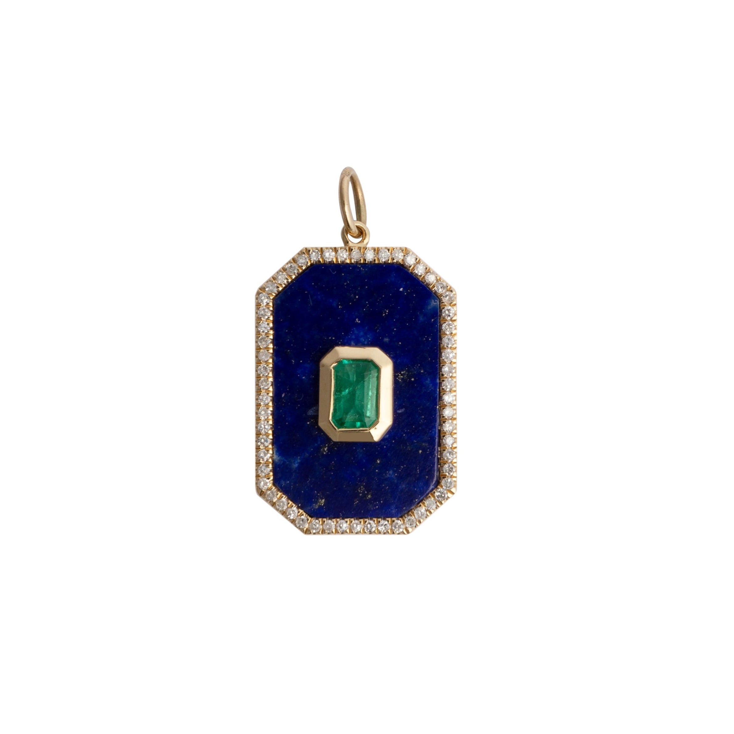 A rectangular lapis and emerald pendant with a gold rim and encrusted with diamonds on a white background.
