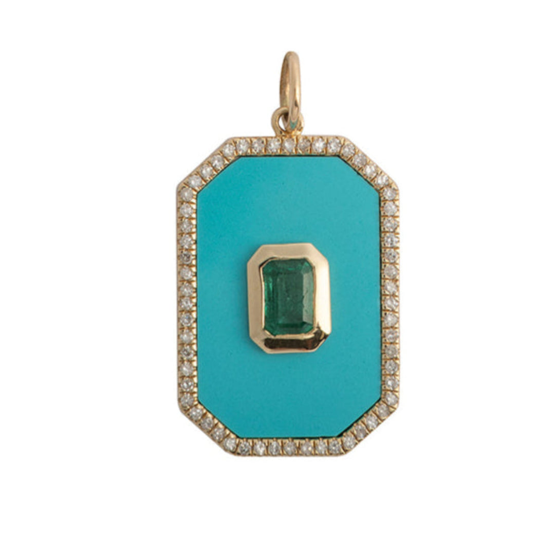 A rectangular turquoise and emerald pendant with diamond pave set in 14k gold.