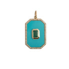 A rectangular turquoise and emerald pendant with diamond pave set in 14k gold.